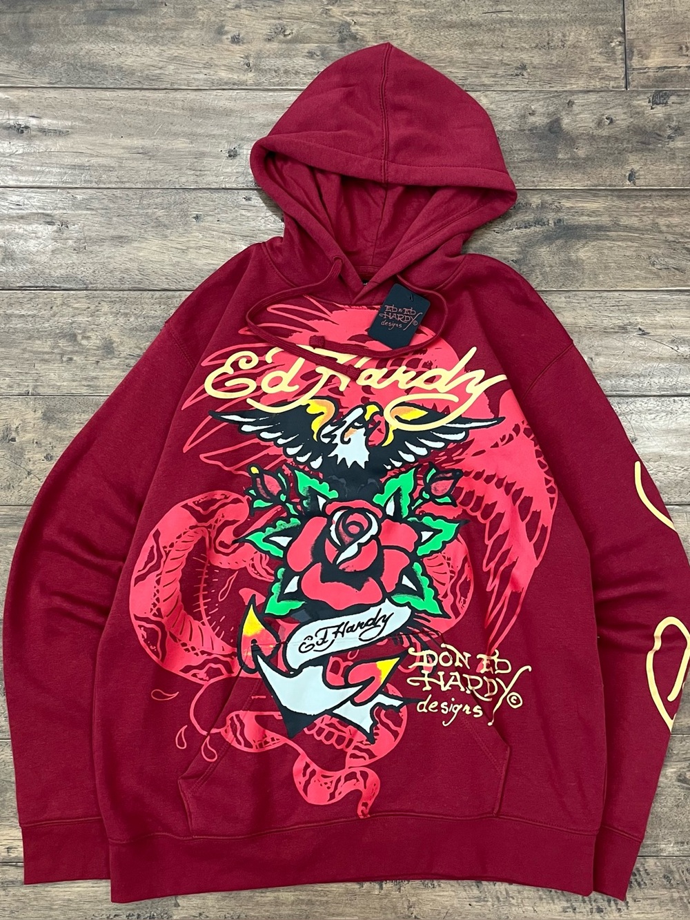 NWT Y2K Ed Hardy red hoodie with rose and bird design Size L #tattoo #y2k
